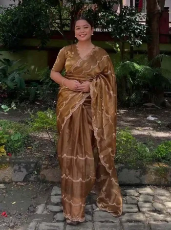 MODERN JIMMY CHOO CHIFFON SILK ZARI WORK WITH CONTRAST PALLU WORK BORDER WORK SAREE WITH UNSTITCHED BLOUSE CHIKU