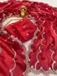 MODERN JIMMY CHOO CHIFFON SILK ZARI WORK WITH CONTRAST PALLU WORK BORDER WORK SAREE WITH UNSTITCHED BLOUSE RED