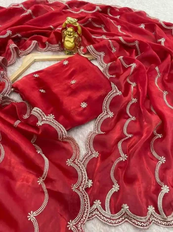 MODERN JIMMY CHOO CHIFFON SILK ZARI WORK WITH CONTRAST PALLU WORK BORDER WORK SAREE WITH UNSTITCHED BLOUSE RED