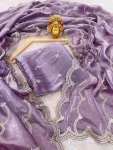 MODERN JIMMY CHOO CHIFFON SILK ZARI WORK WITH CONTRAST PALLU WORK BORDER WORK SAREE WITH UNSTITCHED BLOUSE LAVENDER