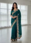 MODERN JIMMY CHOO EMBROIDERY SEQUANCE WITH CUTWORK BORDER WORK SAREE WITH UNSTITCHED BLOUSE TEAL