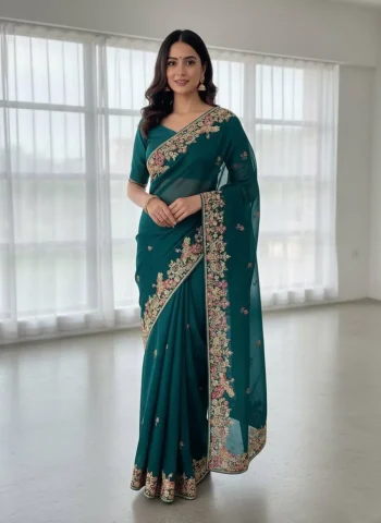 MODERN JIMMY CHOO EMBROIDERY SEQUANCE WITH CUTWORK BORDER WORK SAREE WITH UNSTITCHED BLOUSE TEAL