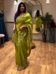 MODERN JIMMY CHOO EMBROIDERY SEQUANCE WITH CUTWORK BORDER WORK SAREE WITH UNSTITCHED BLOUSE PARROT GREEN