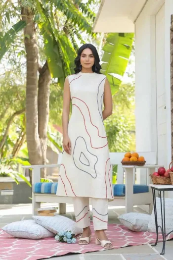 MODERN KHADI EMBROIDERY THREAD WORK CO-ORD SET OFF WHITE