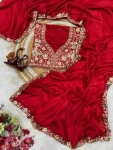MODERN RANGOLI SILK SEQUENCE EMBROIDERY WORK LACE BORDER WORK SAREE WITH UNSTITCHED BLOUSE RED