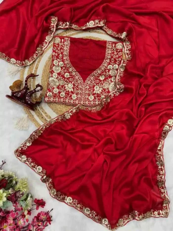 MODERN RANGOLI SILK SEQUENCE EMBROIDERY WORK LACE BORDER WORK SAREE WITH UNSTITCHED BLOUSE RED
