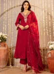 MODERN ROMAN SILK EMBROIDERY WORK TOP BOTTOM WITH DUPATTA RED