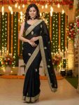 MODERN SANA SILK EMBROIDERY WITH PEARL DIAMOND WORK SAREE WITH UNSTITCHED BLOUSE BLACK