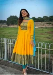 NEW ARRIVAL CHANDERI COTTON JACQUARD WEAVING ZARI BORDER WORK ANARKALI GOWN WITH DUPATTA FESTIVE WEAR WHOLESALE PRICE ETHNIC GARMENT (4)