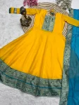 NEW ARRIVAL CHANDERI COTTON JACQUARD WEAVING ZARI BORDER WORK ANARKALI GOWN WITH DUPATTA FESTIVE WEAR WHOLESALE PRICE ETHNIC GARMENT (4)