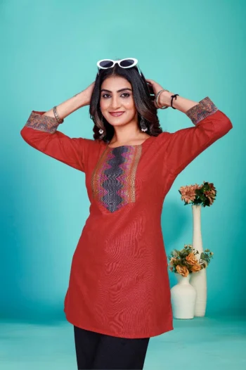 NEW ARRIVAL COTTON JACQUARD LACE WORK TOP RED
