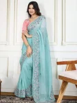 NEW ARRIVAL GEORGETTE CONTRAST PALLU EMBROIDERY WORK BORDER WORK SAREE WITH UNSTITCHED BLOUSE SKY