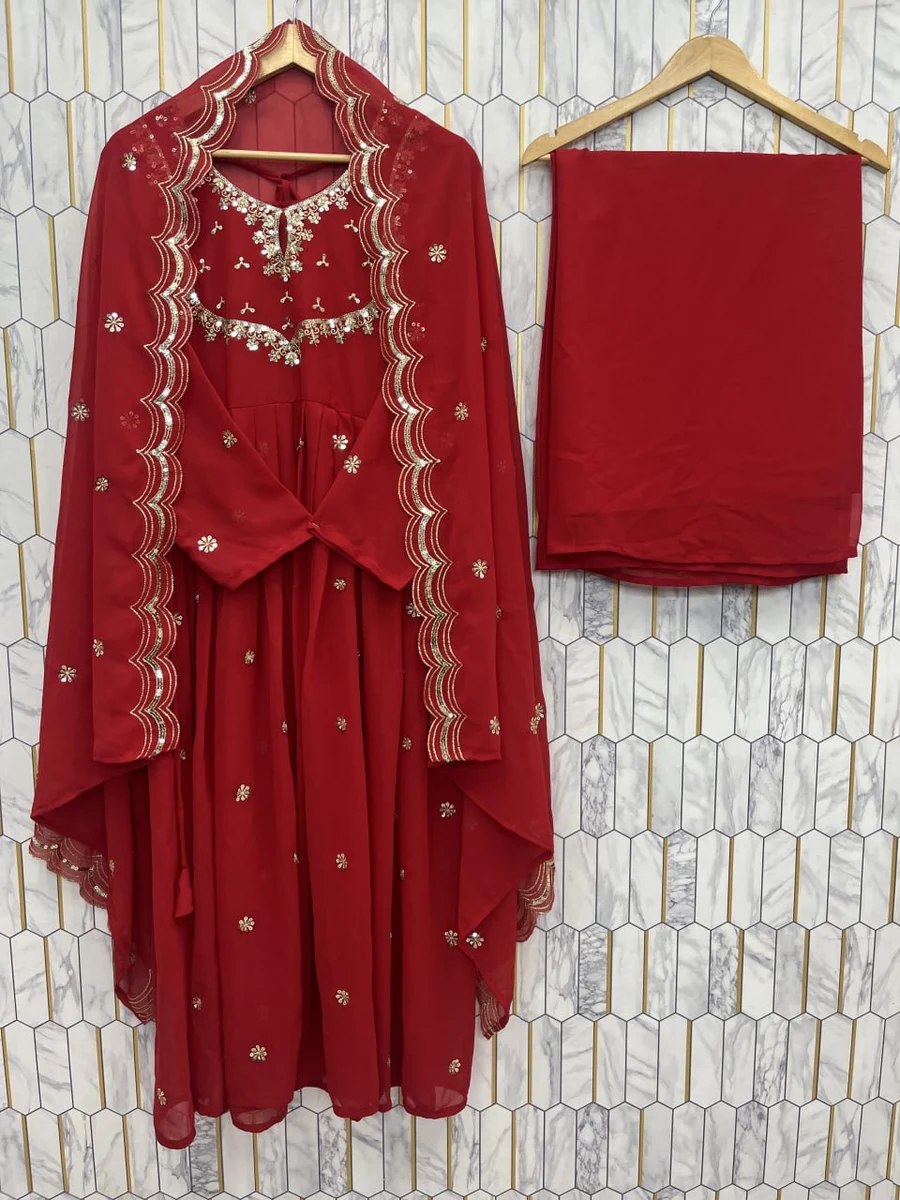 NEW ARRIVAL GEORGETTE EMBROIDERY SEQUENCE WORK GOWN PALAZZO WITH DUPATTA FESTIVE WEAR WHOLESALE PRICE ETHNIC GARMENT (2)