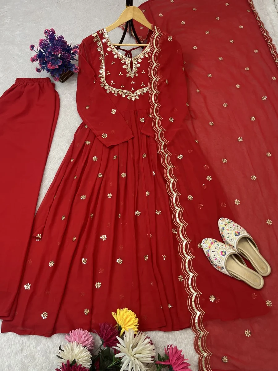 NEW ARRIVAL GEORGETTE EMBROIDERY SEQUENCE WORK GOWN PALAZZO WITH DUPATTA FESTIVE WEAR WHOLESALE PRICE ETHNIC GARMENT (5)