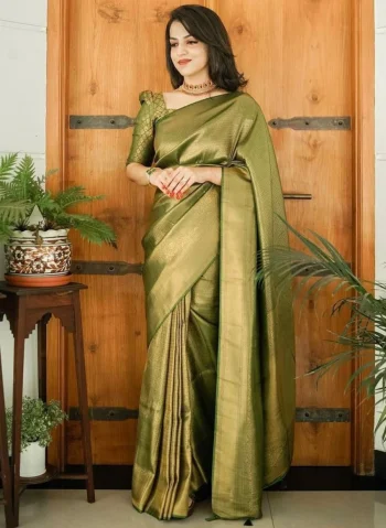 NEW ARRIVAL LICHI SILK JACQUARD WORK SAREE WITH UNSTITCHED BLOUSE MEHNDI