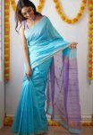 NEW ARRIVAL LILEN SLAB WEAVING WORK SAREE WITH UNSTITCHED BLOUSE SKY