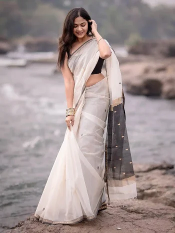 NEW ARRIVAL LILEN SLAB WEAVING WORK SAREE WITH UNSTITCHED BLOUSE WHITE