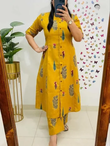 NEW ARRIVAL POLY RAYON FLORAL PRINT WORK TOP BOTTOM SET YELLOW