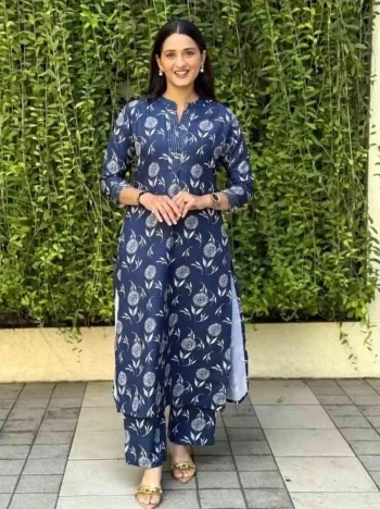 NEW ARRIVAL POLY RAYON FLORAL PRINT WORK TOP BOTTOM SET BLUE