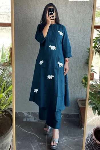 NEW ARRIVAL RAYON EMBROIDERY WORK TOP PENT SET NAVY BLUE