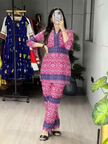 NEW ARRIVAL RAYON PRINTED CO-ORD SET BLUE AND PINK