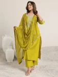 NEW ARRIVAL RAYON SLUB EMBROIDERY WORK TOP BOTTOM WITH DUPATTA LEMON