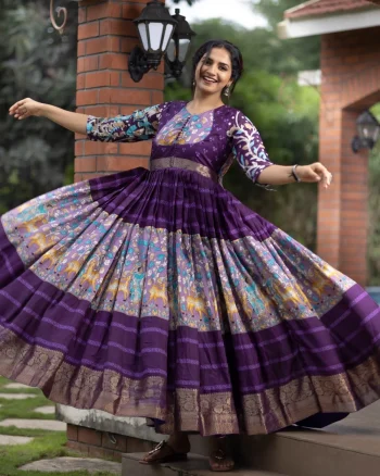 NEW ARRIVAL SILK KALAMKARI PRINT WITH WEAVING ZARI BORDER WORK GOWN PURPLE