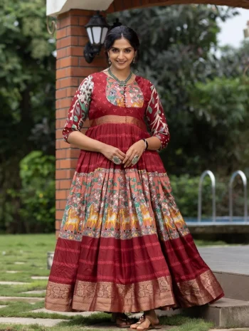 NEW ARRIVAL SILK KALAMKARI PRINT WITH WEAVING ZARI BORDER WORK GOWN RED