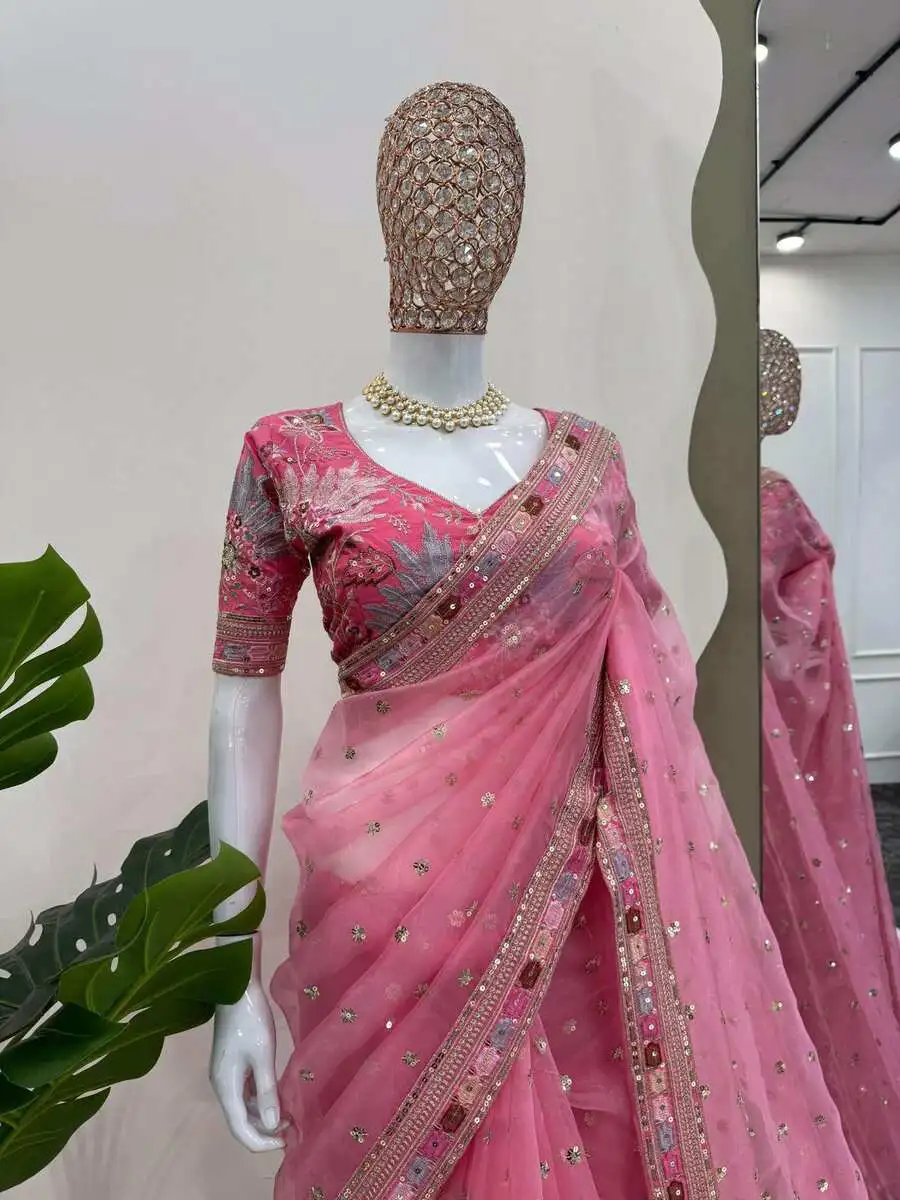 RICH LOOK ORGANZA SILK EMBROIDERY ZARI MULTI THREAD, DORI & SEQUENCES WITH LACE BORDER WORK SAREE WITH UNSTITCHED BLOUSE PARTY WEAR WHOLESALE PRICE ETHNIC GARMENT (3).webp