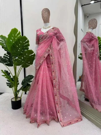 RICH LOOK ORGANZA SILK EMBROIDERY ZARI MULTI THREAD, DORI & SEQUENCES WITH LACE BORDER WORK SAREE WITH UNSTITCHED BLOUSE BABY PINK