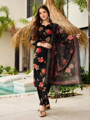 RICH LOOK SILK BLEND DIGITAL PRINT WORK TOP BOTTOM WITH DUPATTA BLACK
