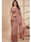 RICH LOOK TABBY ORGANZA DIGITAL PRINT AND KHATLI WORK SAREE WITH UNSTITCHED BLOUSE PEACH