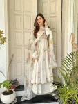 TRADITIONAL CHINON SEQUENCE EMBROIDERY WORK ANARKALI GOWN PALAZZO WITH DUPATTA OFF WHITE