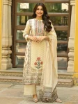 TRADITIONAL MUSLIN HAND ZARI AND PATTI WORK WITH ORIGINAL MIRROR AND LACE WORK TOP BOTTOM WITH DUPATTA CREAM