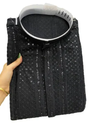 TRADITIONAL RAYON EMBROIDERY SEQUENCE WORK MEN'S KURTA PAYJAMA BLACK