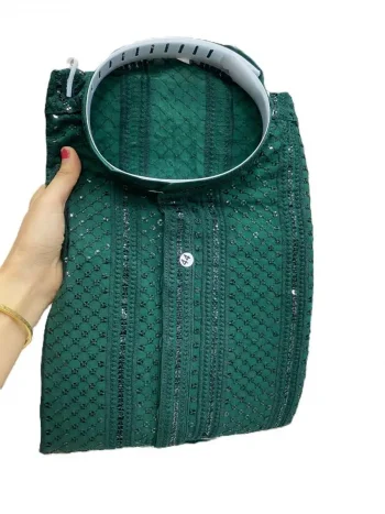 TRADITIONAL RAYON EMBROIDERY SEQUENCE WORK MEN'S KURTA PAYJAMA GREEN