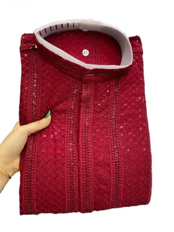 TRADITIONAL RAYON EMBROIDERY SEQUENCE WORK MEN'S KURTA PAYJAMA RED