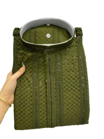 TRADITIONAL RAYON EMBROIDERY SEQUENCE WORK MEN'S KURTA PAYJAMA MEHNDI