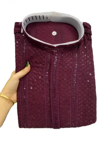 TRADITIONAL RAYON EMBROIDERY SEQUENCE WORK MEN'S KURTA PAYJAMA MAROON