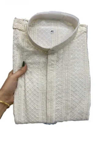 TRADITIONAL RAYON EMBROIDERY SEQUENCE WORK MEN'S KURTA PAYJAMA WHITE