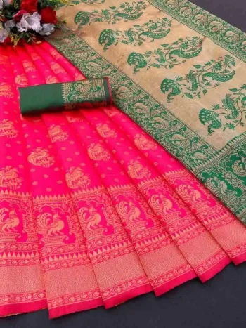 TRENDING LICHI SILK BANARASI WEAVING WORK SAREE WITH UNSTITCHED BLOUSE RANI