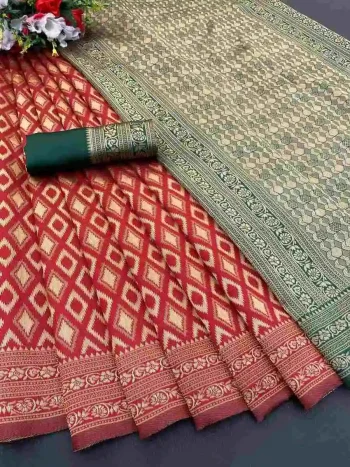 TRENDING LICHI SILK BANARASI WEAVING WORK SAREE WITH UNSTITCHED BLOUSE RED