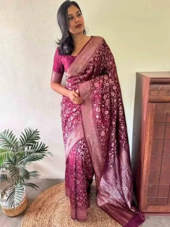 TRENDING LICHI SILK BANARASI WEAVING WORK SAREE WITH UNSTITCHED BLOUSE WINE