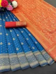 TRENDING LICHI SILK BANARASI WEAVING WORK SAREE WITH UNSTITCHED BLOUSE TEAL