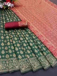 TRENDING LICHI SILK BANARASI WEAVING WORK SAREE WITH UNSTITCHED BLOUSE GREEN