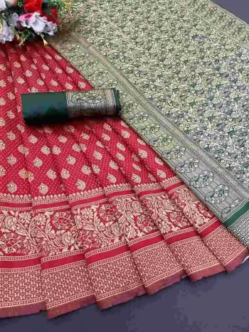 TRENDING LICHI SILK BANARASI WEAVING WORK SAREE WITH UNSTITCHED BLOUSE RED
