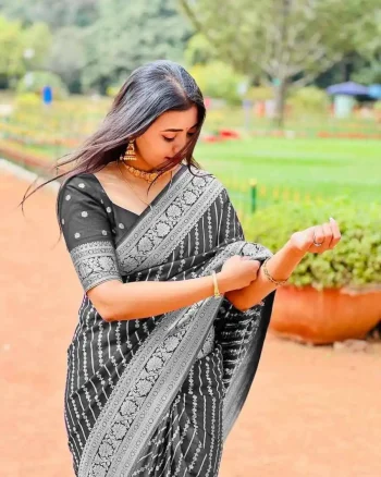 TRENDING LICHI SILK BANARASI WEAVING WORK SAREE WITH UNSTITCHED BLOUSE BLACK