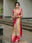 TRENDING LICHI SILK BANARASI WEAVING WORK SAREE WITH UNSTITCHED BLOUSE CREAM AND PINK