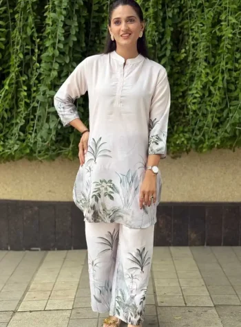 TRENDING POLY RAYON DIGITAL PRINT WORK CO-ORD SET GREEN AND OFF WHITE