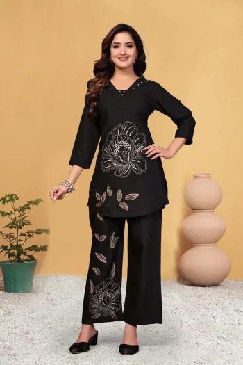 TRENDING RAYON MULTI EMBROIDERY THREAD WORK WITH HAND WORK CO-ORD SET BLACK